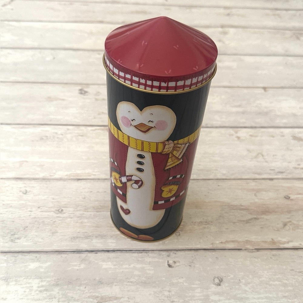 Penguin Tin & Lid Christmas Holiday Winter Fun Decor 10in Tall